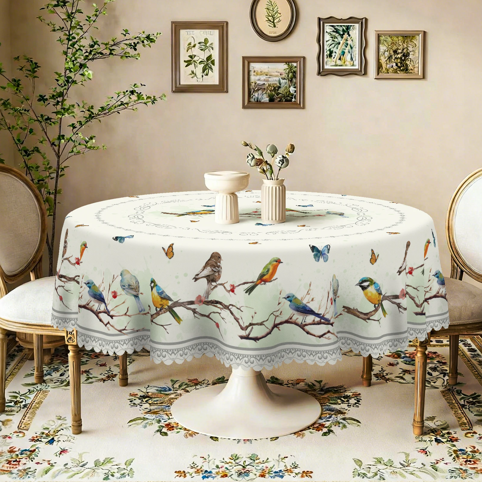 Chinese-Style Retro Floral and Bird-Themed Tablecloth, Spring Atmosphere, Various Cute Birds Standing on Branches, Flowers, Dancing Butterflies Print Pattern, Multiple Size Options, Embossed Edges, Waterproof, Wrinkle-Resistant, Fade-Resistant, Perfect Gift for Family and Friends, Rectangular and Round Table Covers, Suitable for Spring, Summer, Autumn, and Winter, for Home Kitchens, Rooms, Courtyards, Balconies, Picnics, Cafes, Restaurant Tables