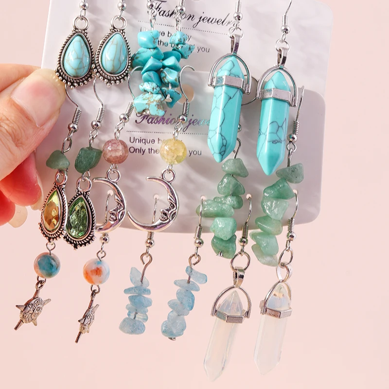 Frauen Ohrringe Sets Vintage Silber Überzogene Türkis Stein Tropfen Ohrring Böhmen Hexagonol Wasser Baumeln Ohrringe Schmuck Geschenke – Detail 3