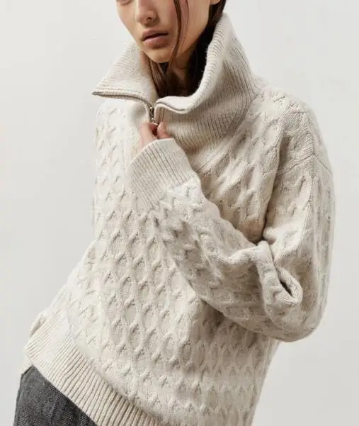 

Autumn and Winter Women's Casual Simple Solid Color High Neck Zipper Design Diamond Jacquard Loose Knit Long Sleeved Sweater