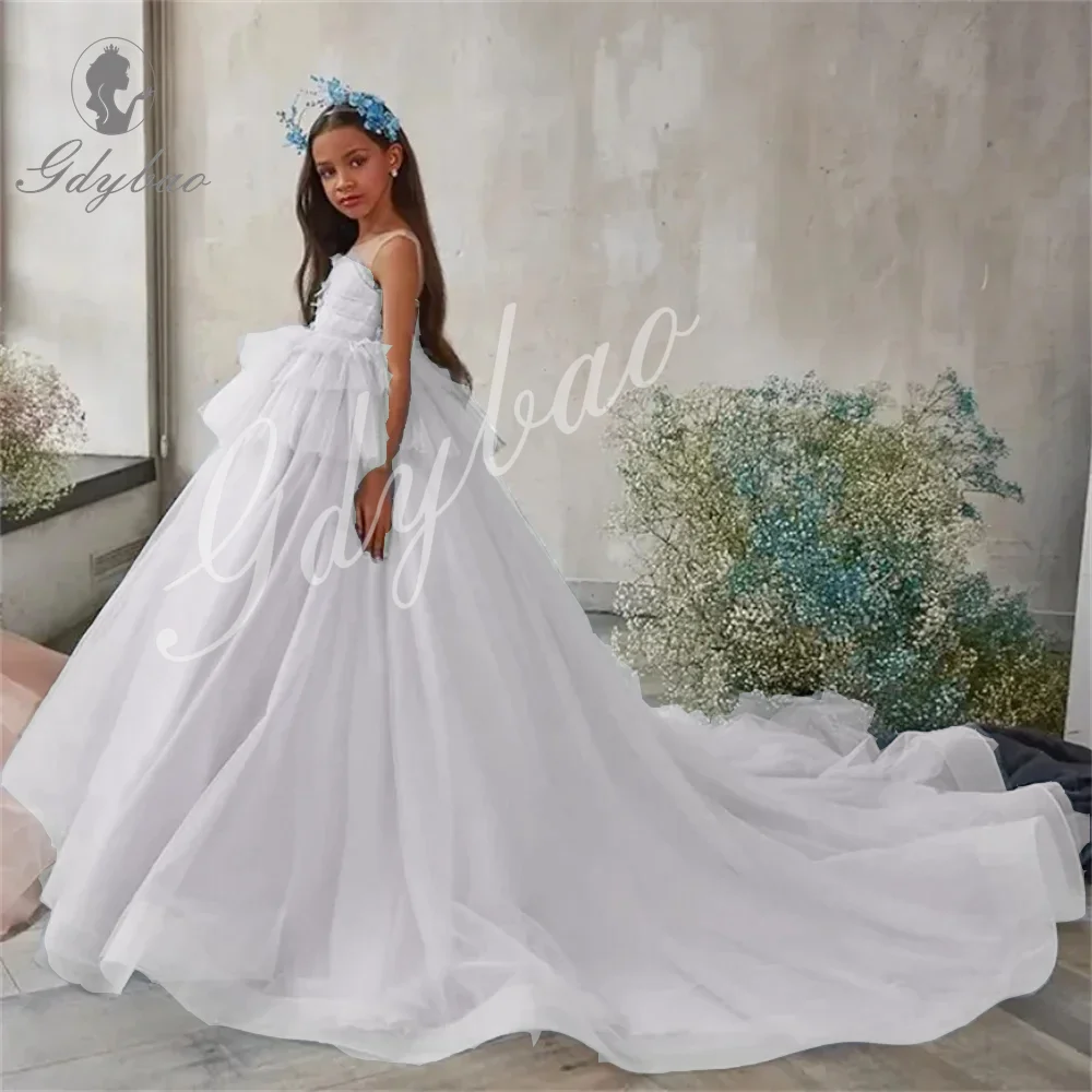 Elegant White Customize Flower Girls Dress Fluffy Puffy Tulle Lace Wedding balls for Girl Party First Communion Gown