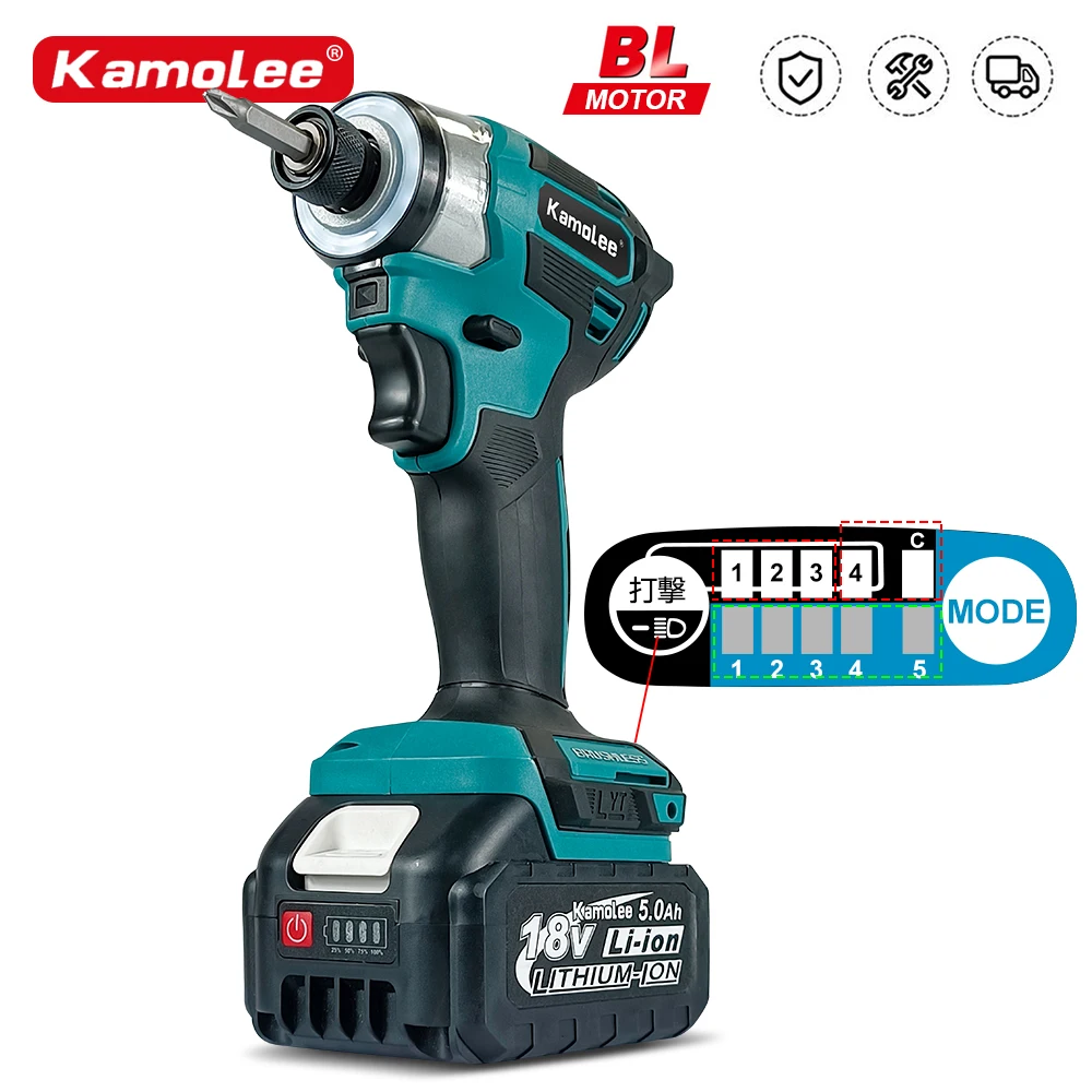 

Kamolee 600Nm Cordless Electric Impact Brushless Wrench 5 Speed Screwdriver Power Tool 1/4" with 3 LED Light for Makita Battery