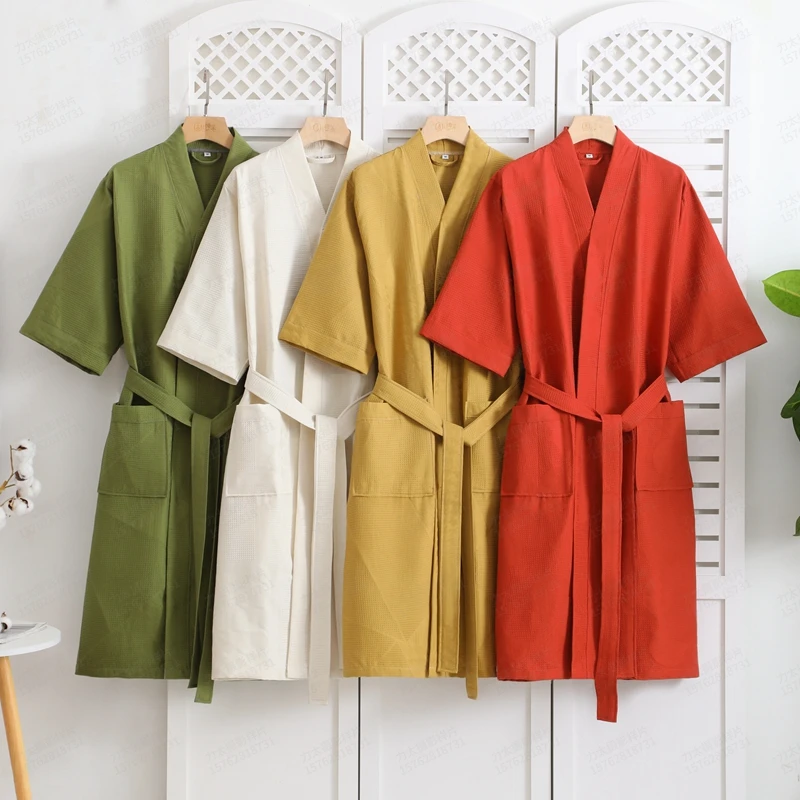 Waffle Men Spring-to-Autumn: Cotton Fiber Lovers' Kimono - Soft, Long, Sexy Nightwear Robe