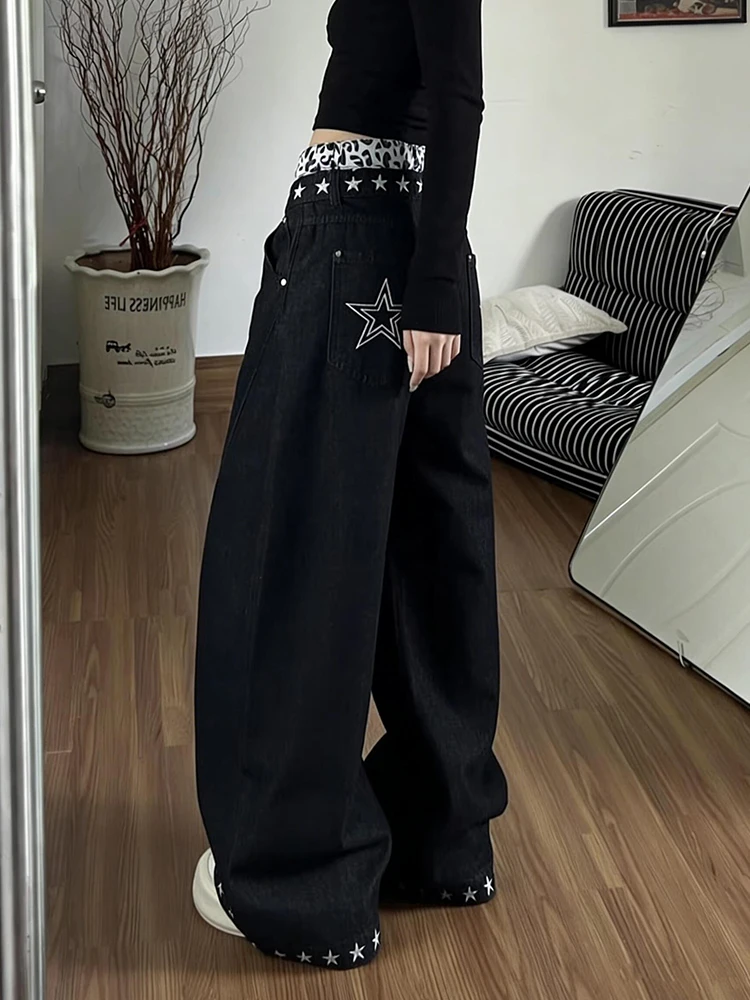 

American High Street Leopard Print High Waist Loose Women's Jeans Vintage BF Lazy Sle Star Print Knife Long Pants