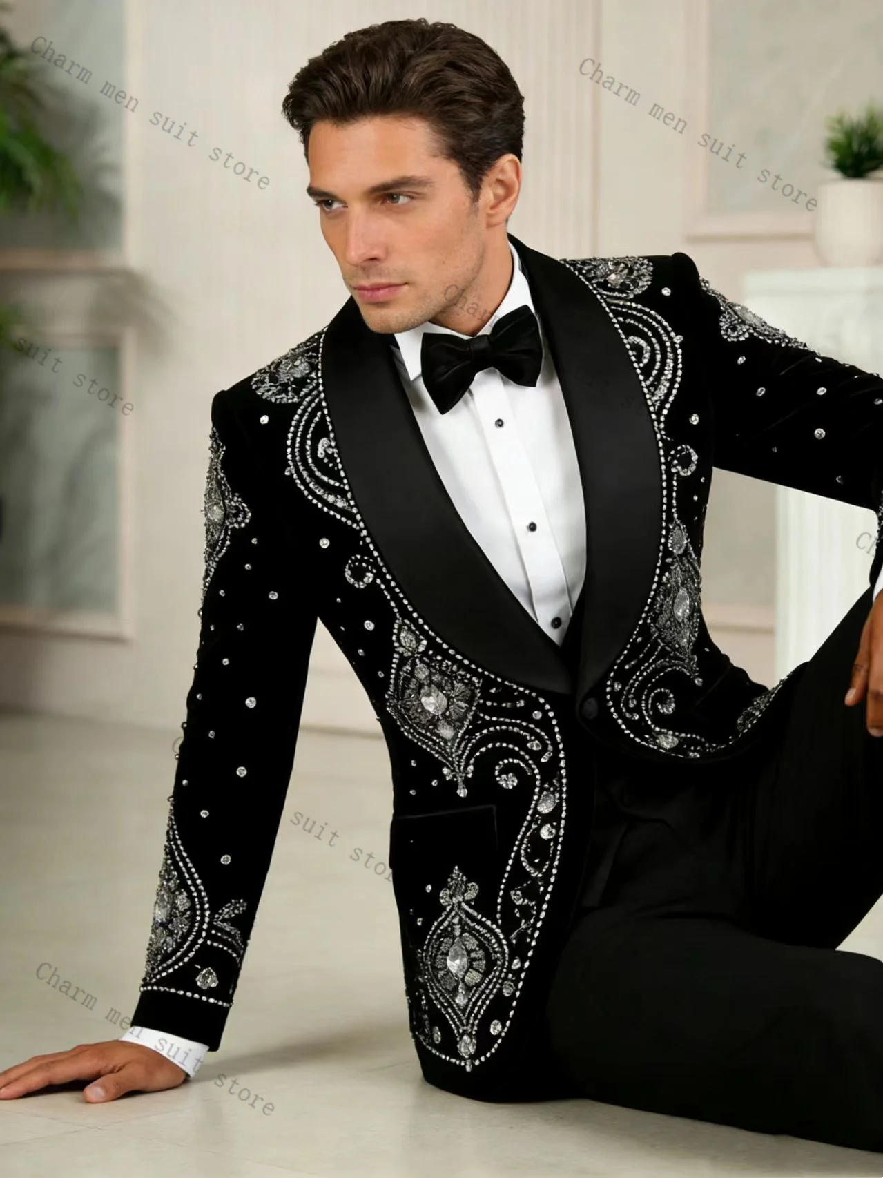 

Мужской костюм из бархата с кристаллами, 2 предмета: пиджак + хлопковые брюки, черный, для свадьбы, официальных мероприятий, офиса, деловой, для жениха, пиджак-смокинг