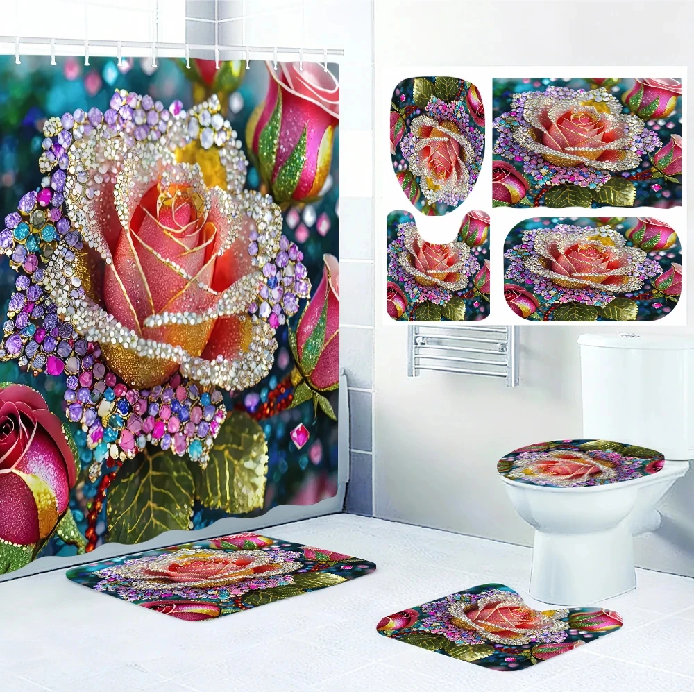 

Комплект из четырех предметов для ванной комнаты с цветком — авангардная водонепроницаемая занавеска для душа, создающая полный комплект для ванной комнаты.