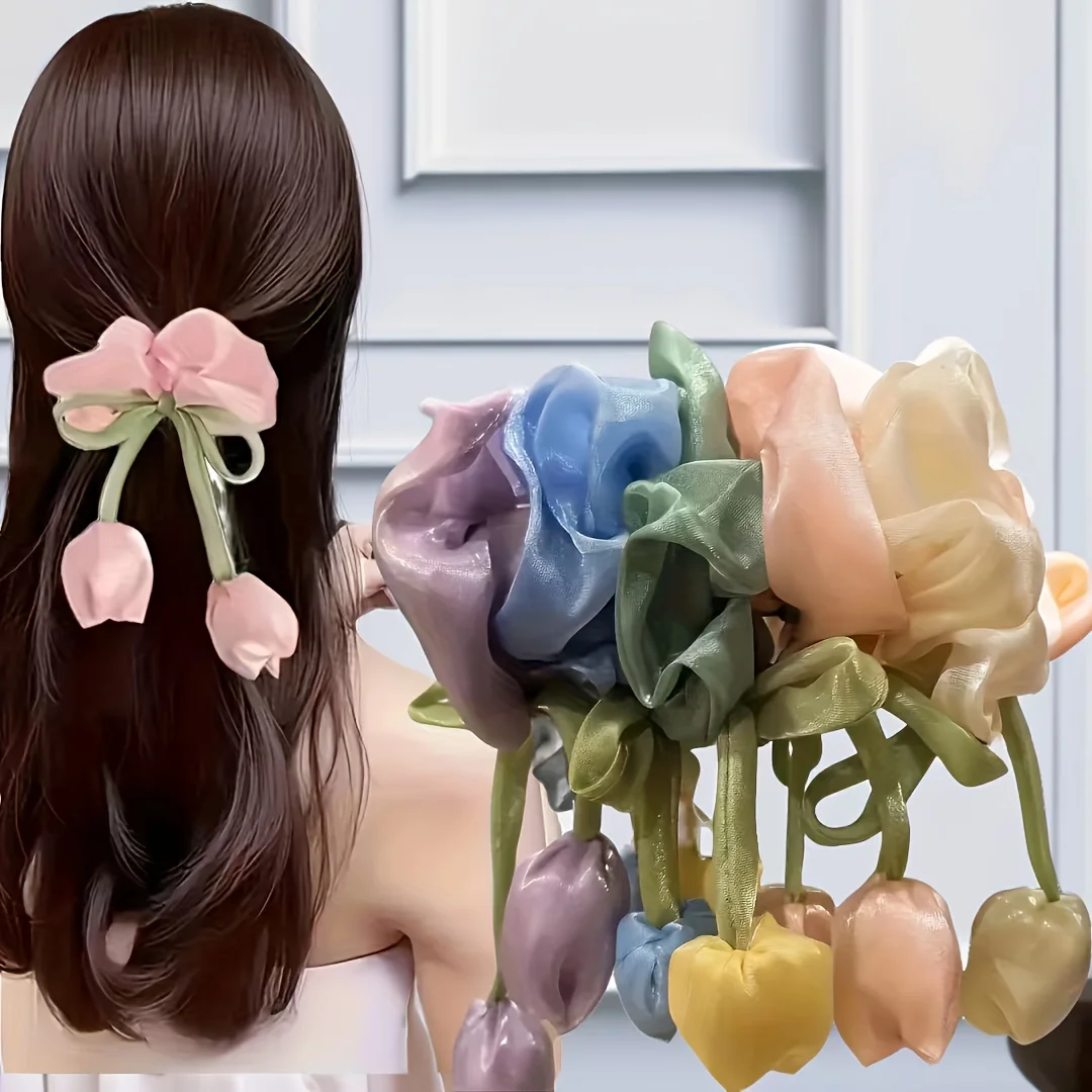 

Набор из 5 резинок для волос в форме тюльпанов случайных цветов для причесок-пучков, высококачественные резинки для волос, высокоэластичные аксессуары для волос, милые ленты-тюльпаны