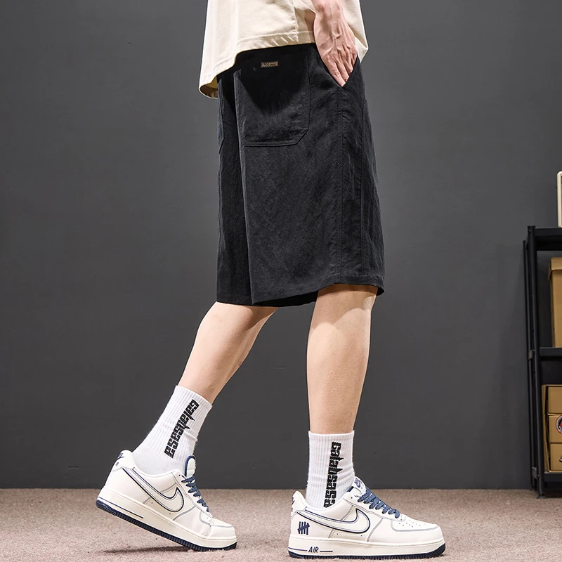 Men Tencel Linen Shorts Summer Breathable Lightweight Loose Fit Straight-leg Casual Elastic Waistband Quick-Dry Short Trousers