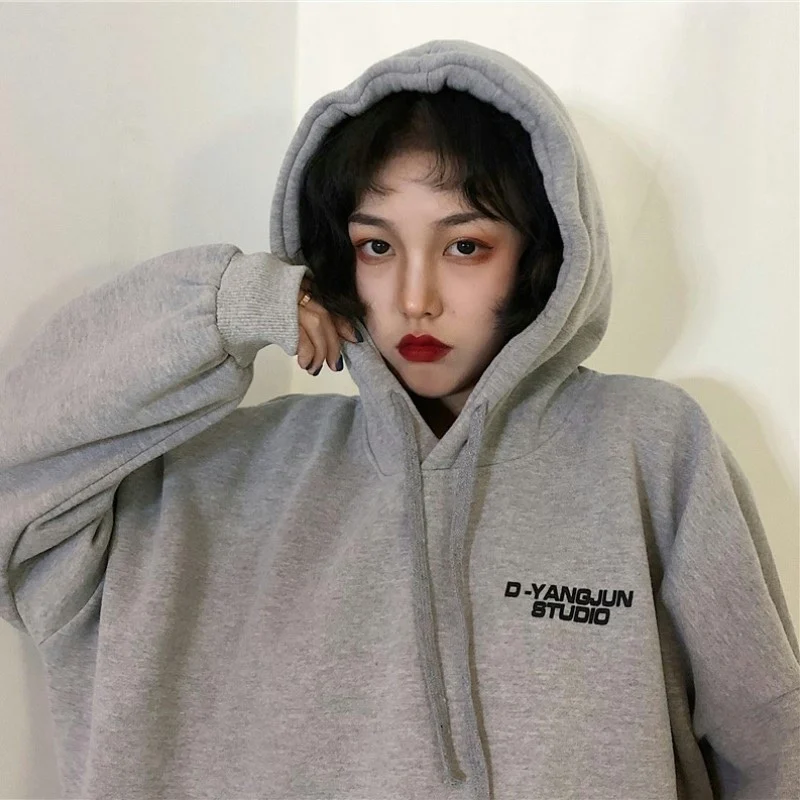 

Ins Hooded Sweatshirt Women's Thickened Fleece Loose Korean Style Autumn Winter Outerwear Lazy Style Student Casual Coat
