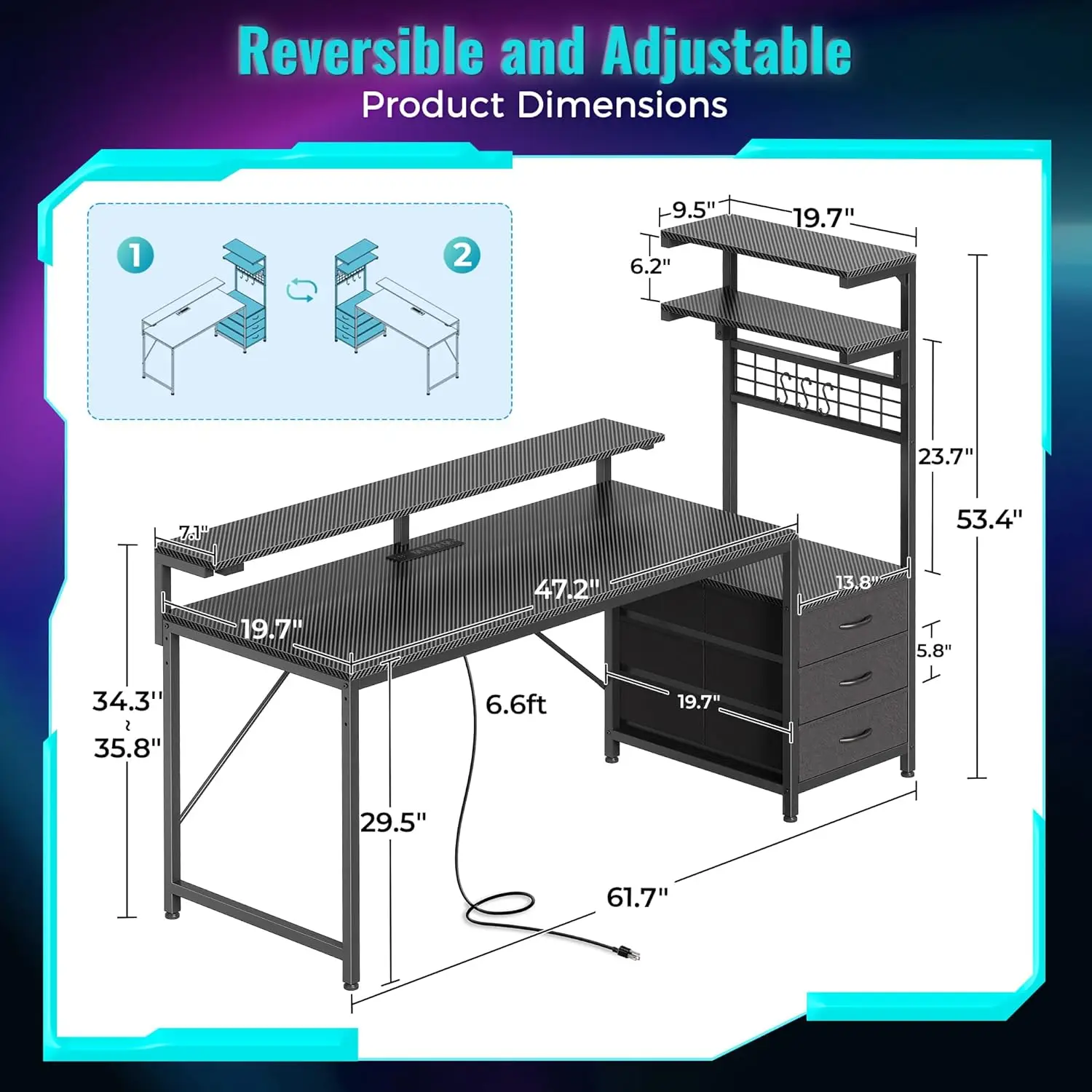 61.7" Gaming Desk with LED Lights, Outlets, Drawers & Adjustable Stand - Carbon Fiber Black