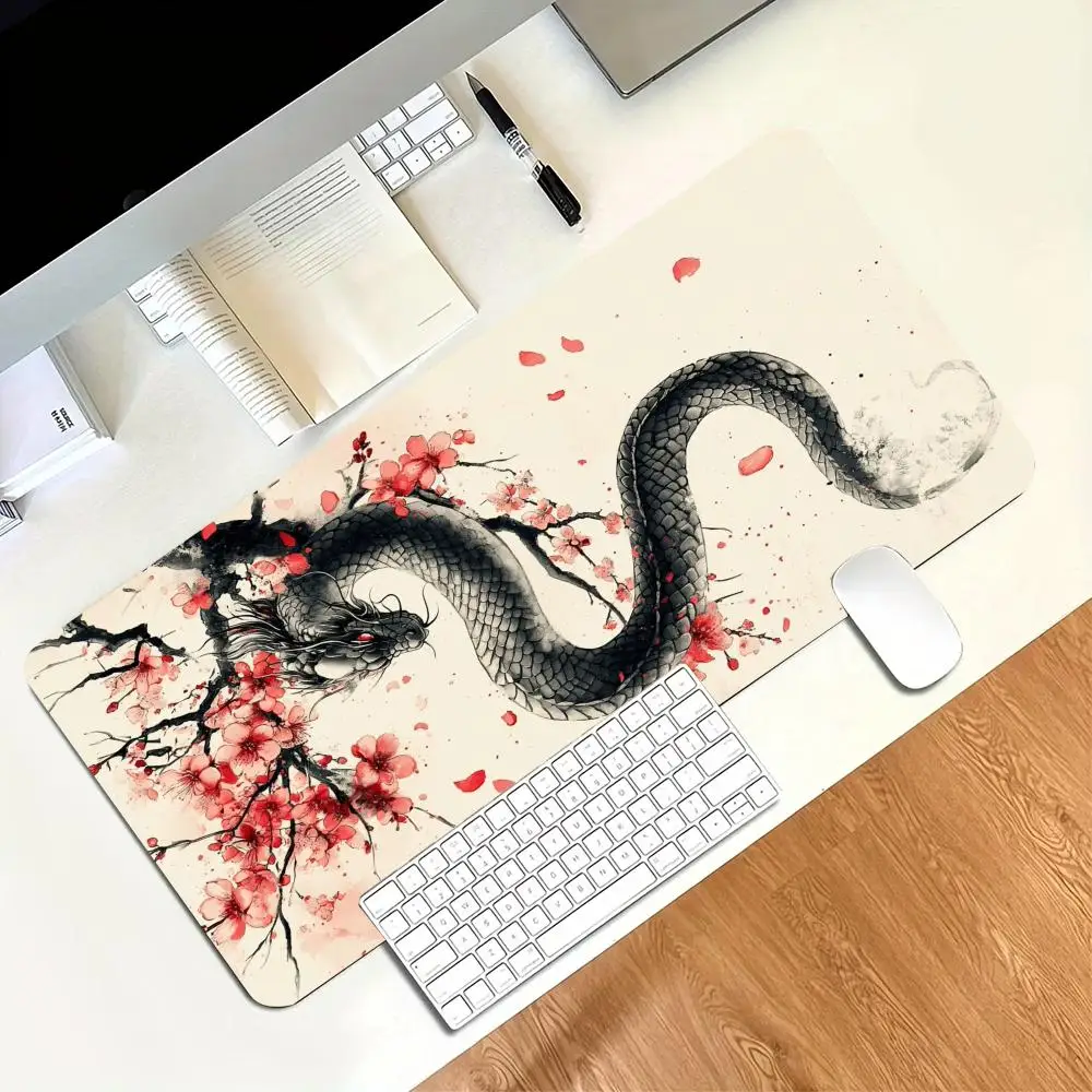Oriental Ink Dragon Plum Large Extended Gaming Mouse Pad Non Slip Desk Surface Traditional Art Print For Gaming And Office Desks