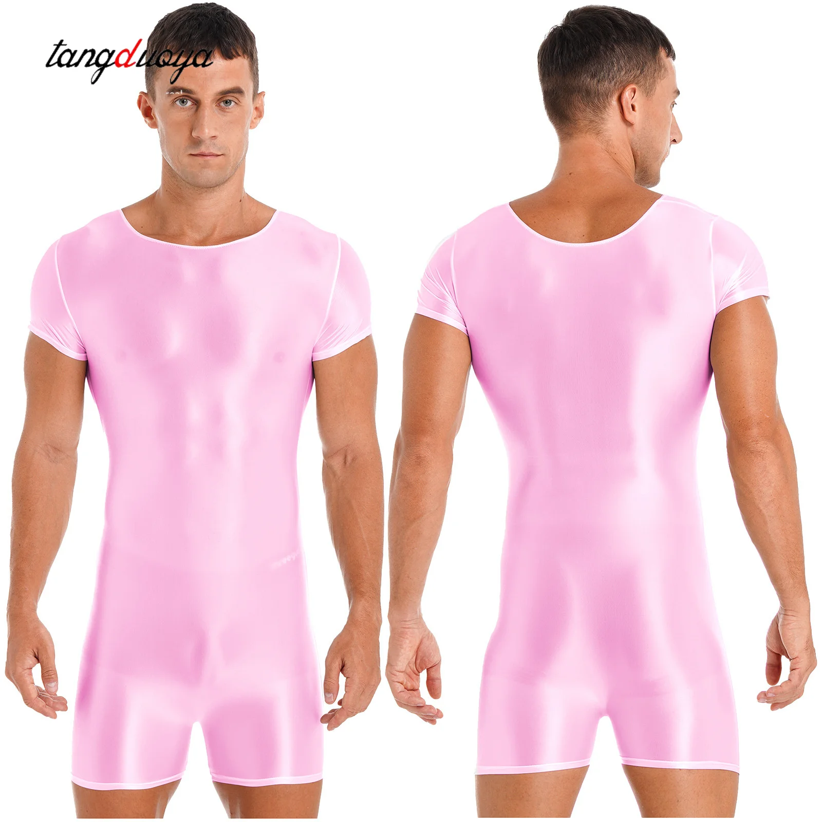 Men Bodysuit Short Sleeve Oil Shiny Glossy Tights High Elastic Shapers Leotard Men One-Piece Swimsuit Shorty Jumpsuit
