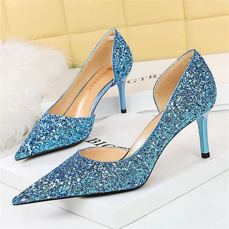 BIGTREE Sexy Stripper Pointed Toe Banquet Woman Pumps Stiletto High Heel Shallow Side Hollowed Out Glitter Sequin Wedding Shoes