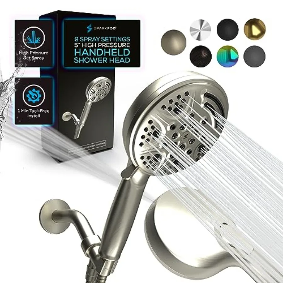 

5 Inch Handheld Brushed Nickel Shower Head - 9 Spray Settings With On/Off Switch - Pulsating Rain Mode - Feeling Of An Oasis -