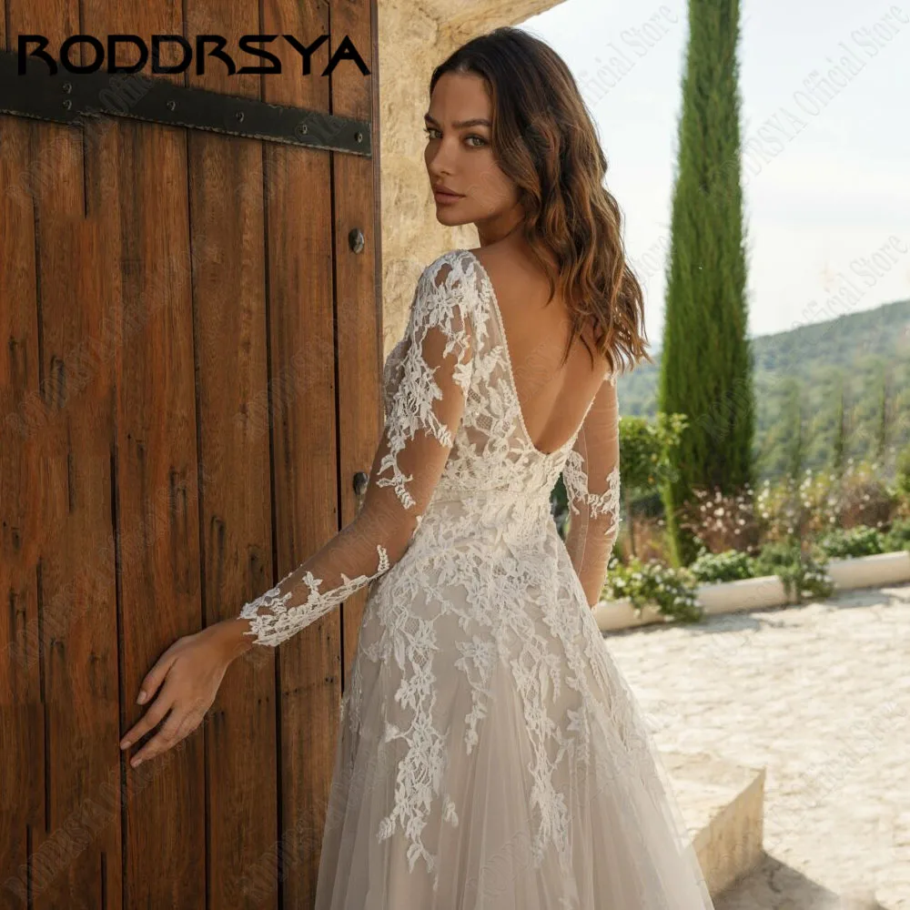 RODDRSYA 오프숄더 O넥 웨딩드레스 긴팔 패치 클래식 아사 A자 맞춤 웨딩드레스 Vestido De NoviaRODDRSYA 백리스 O-넥 웨딩 드레스, 긴 소매 아플리케, 클래식 얇은 명주 그물 A 라인 맞춤 제작 신부 가운