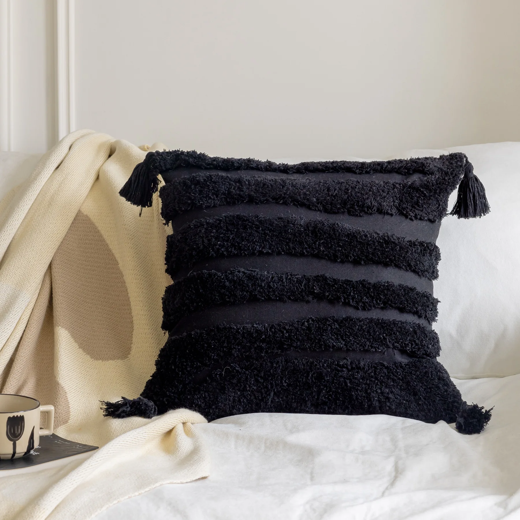 45X45 Boho Geometric Stripes Tufted Cushion Cover Beige Black Tassel Patchwork Throw Pillow Covers Cojines Decorativos Para Sofá