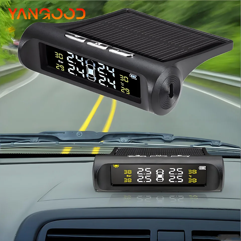 Solar Wireless Tire Pressure Monitor System Monitor With 4 Sensors LCD Display Screen For Real-time Alarm Of Pressure And Temper