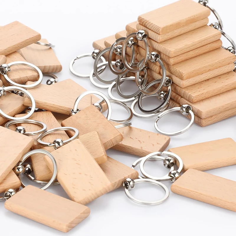 100Pcs Rectangular Wood Keyring Wooden Keychain