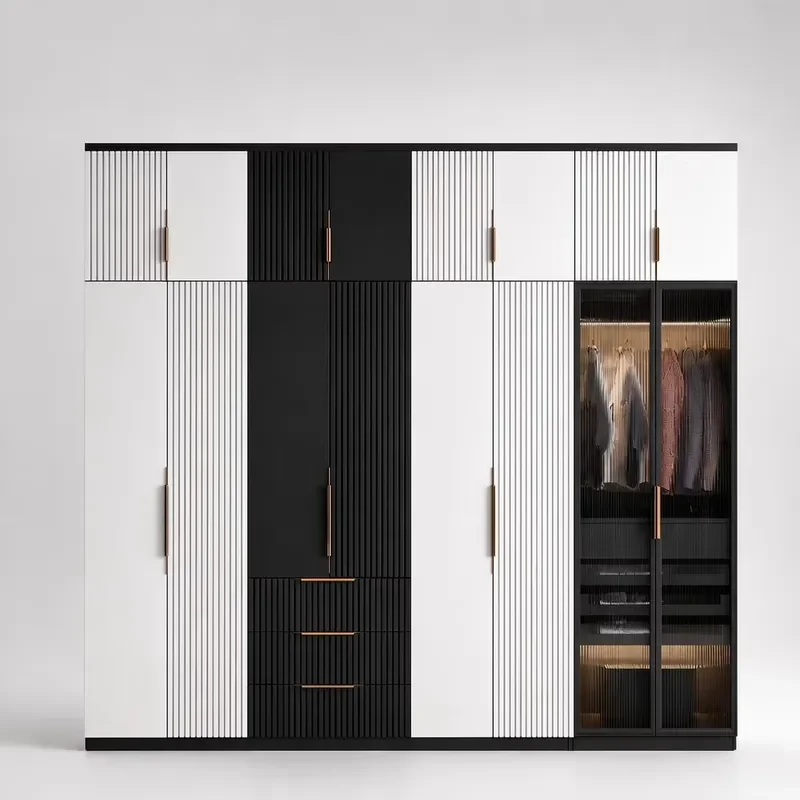 Modern Black White Wardrobe Flat Panel Doors Metal Handles 4 Drawer Space-Saving Bedroom Cabinet