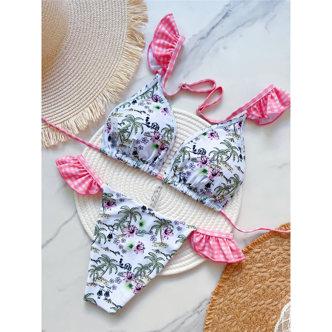 Printed Ruffled Frilled High Leg Cut Bikini Women Swimwear Female Swimsuit Two-pieces Bikini set Bather Bathing Suit Swim V6050