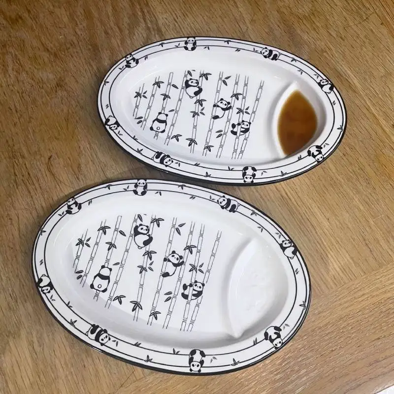 Panda Ceramic Dumpling Plate, Household with Vinegar Trays Integrated Grid Creative Grid Breakfast Dumpling French Fry Plates