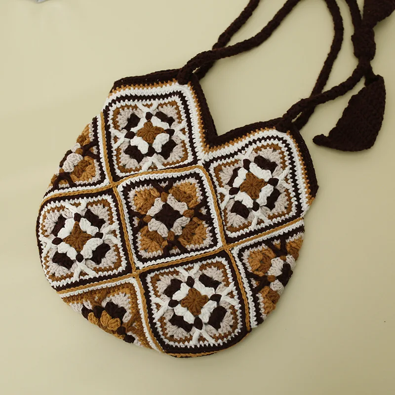 Vintage Coffee Tone Granny Square Crochet Crossbody Bag, Retro Patchwork Hand Knit Drawstring Shoulder Bag for Women