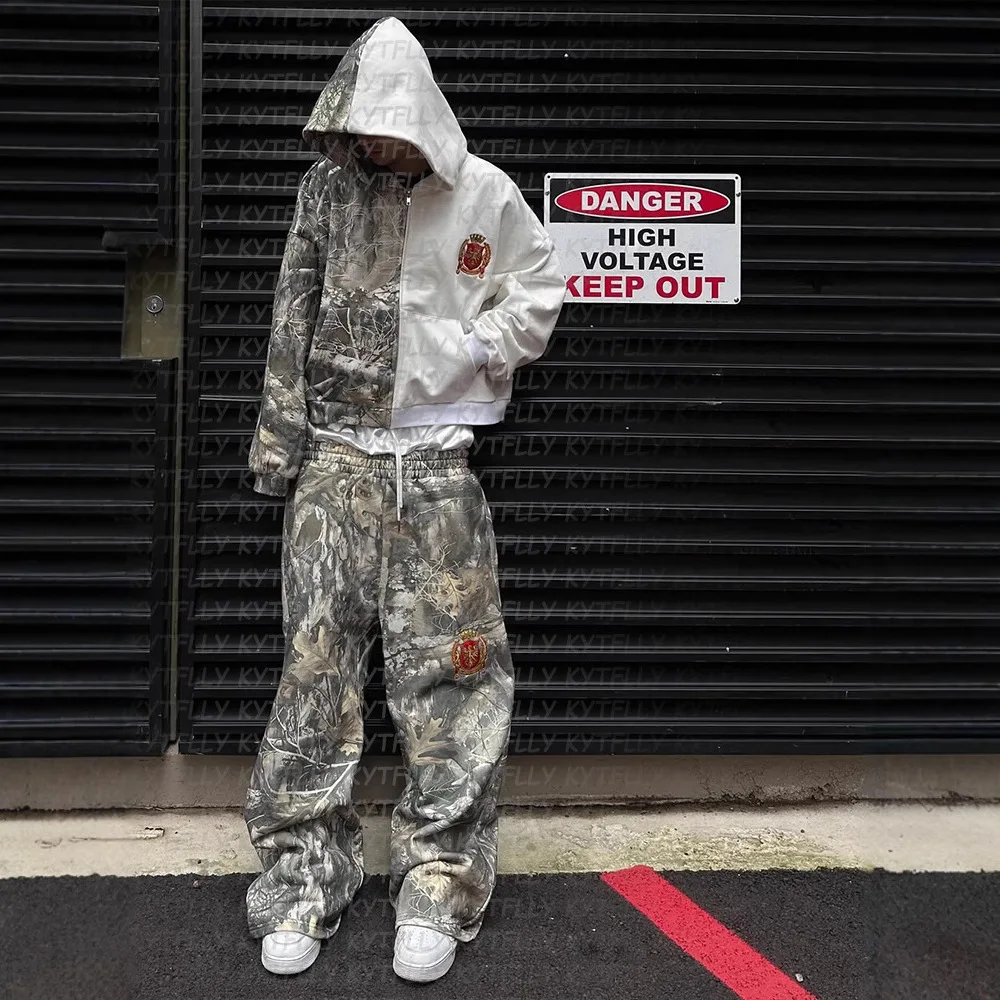 

New American Style Color Block Print Tracksuit Street Fashion Unisex Cropped Hoodie & Wide Leg Pants Set
