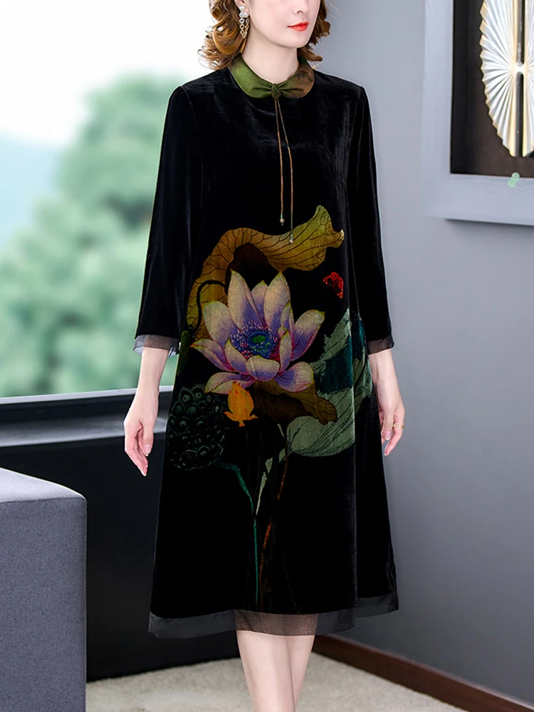 2024 Black Floral Velvet Polo Collar Midi Dress Autumn Winter Thick Warm Loose Prom Dress Women Korean Vintage Hepburn Vestidos