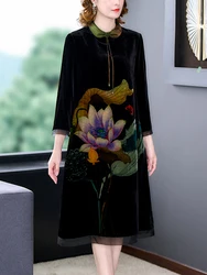 2024 Black Floral Velvet Polo Collar Midi Dress Autumn Winter Thick Warm Loose Prom Dress Women Korean Vintage Hepburn Vestidos