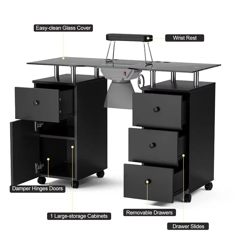 Nail Desk for Technician Manicure Table, Nail Table W/Electric Dust Collector & Wrist Rest Cushion, Acetone Resistant Nail Table