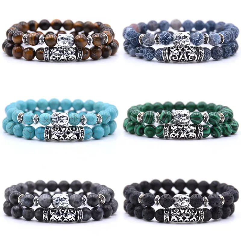 Vintage 2 Teile/satz Tathagata Buddha Perlen Armband Männer Frauen 8mm Howlith Pfau Tiger Augen Stein Armband Amulett Yoga homme Joias