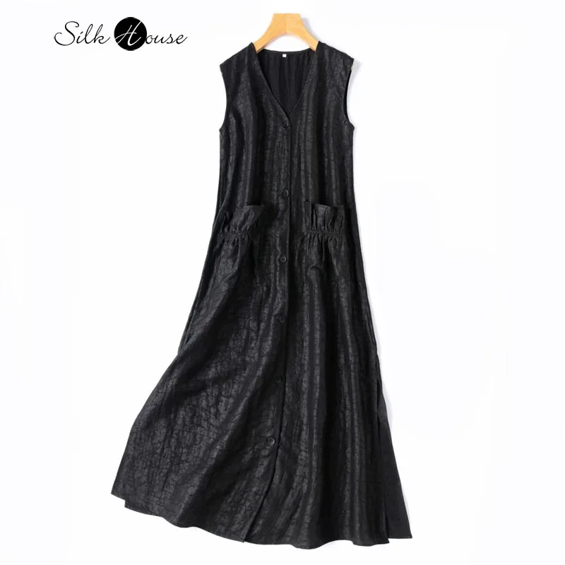 

Retro Art 100% Natural Mulberry Silk Turtle Crack Gambiered Guangdong Gauze Sleeveless V-neck Tank Top Dress