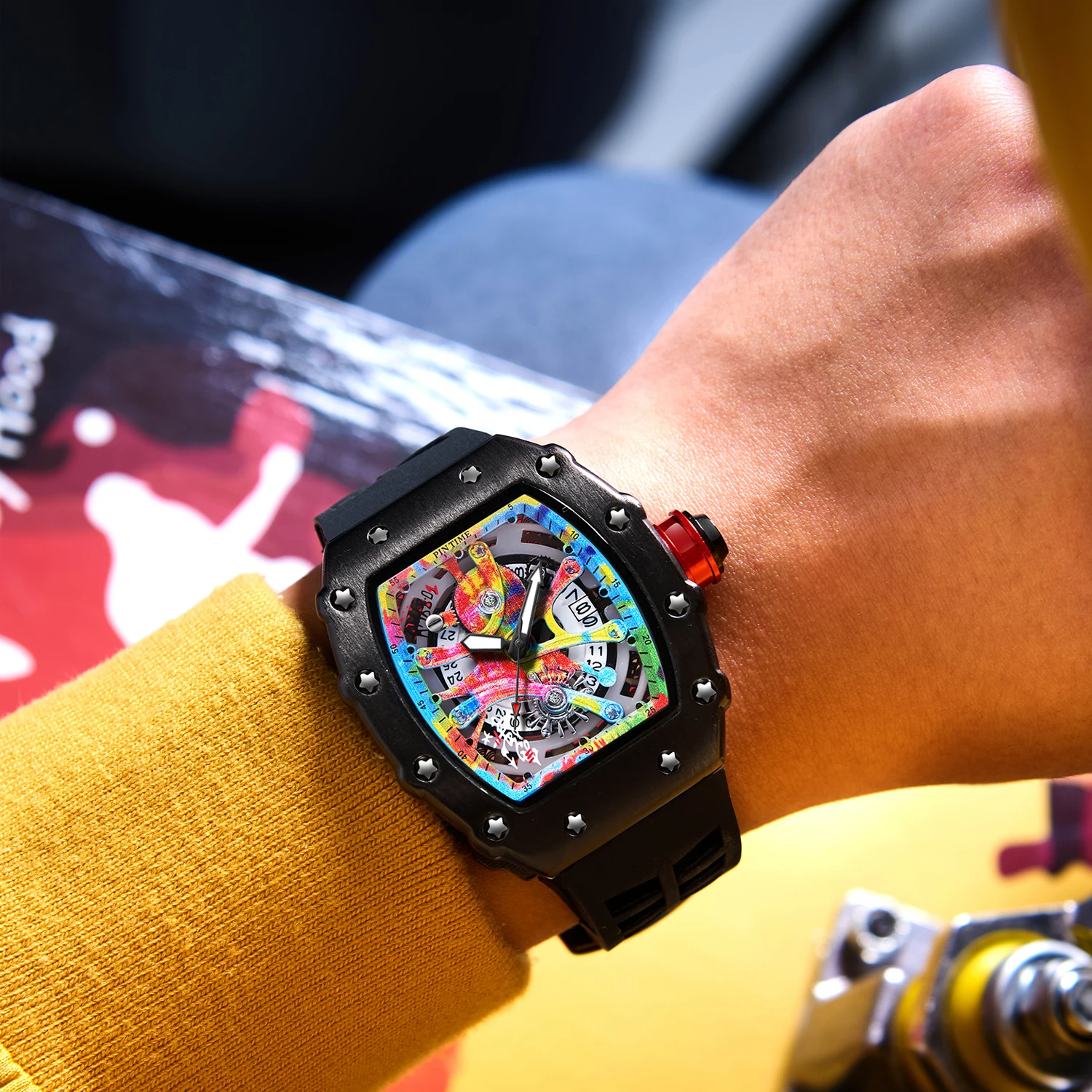 

Роскошные часы, мужские наручные часы Tonneau, многофункциональный циферблат с граффити, водонепроницаемые спортивные повседневные часы с автоматической датой, мужские кварцевые часы