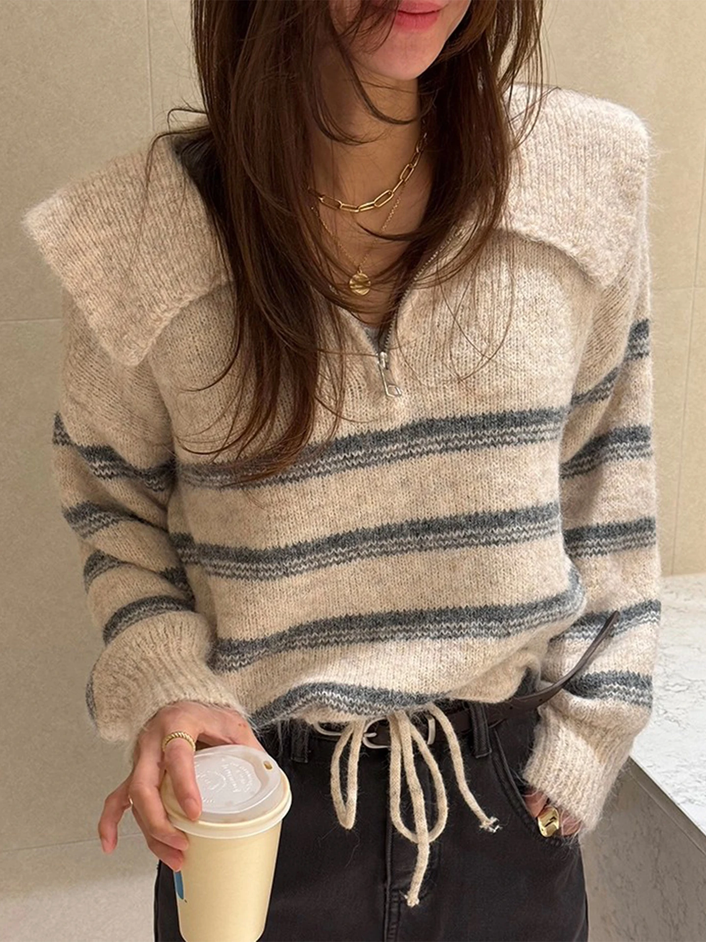 

Soft Striped f Zip Navy Collar Sweater Women's Loose Color Blo Knitted irt Dstring Belt Autumn Winter Faion Colle...