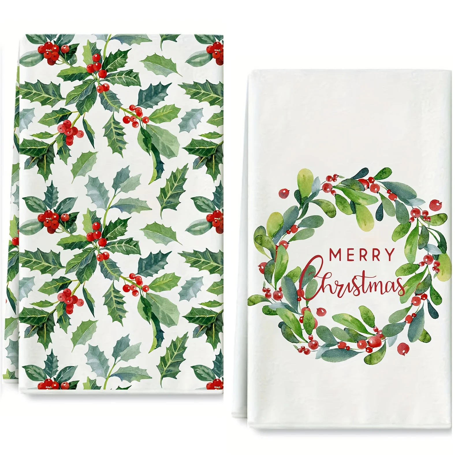 Christmas Holly Leaves Wreath Berries Kitchen Dish Towel Set Cleaning Supplies Absorbent Bar Hand Dishcloth Christmas Decoration