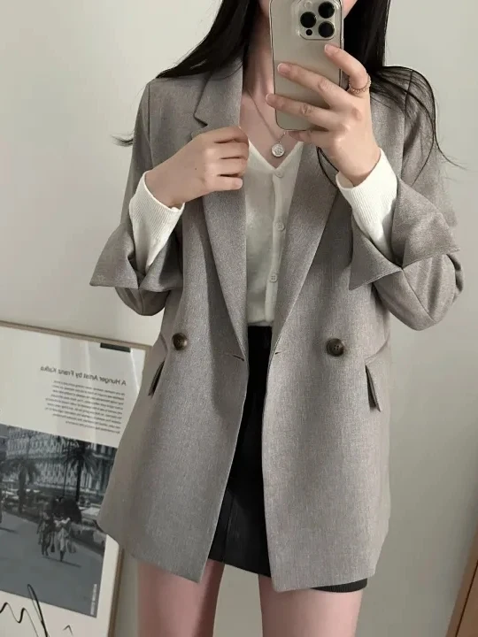 Chique casual solto terno feminino jaet outono inverno novo sle coreano sle longo sve duplo breasted simples gola clássica