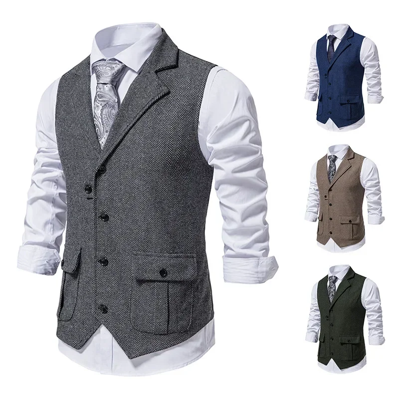 

2023 Spring and Autumn Men's Herringbone Tweed Tweed Suit Vest Retro Polo Vest