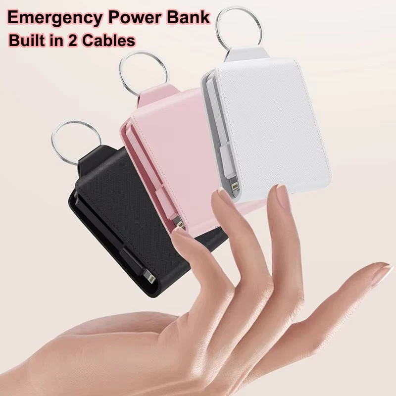 2000mAh Keychain Mini Power Bank Built in 2 Cables Emergency Portable Charger Phone Powerbank External Battery Pack Power Bank