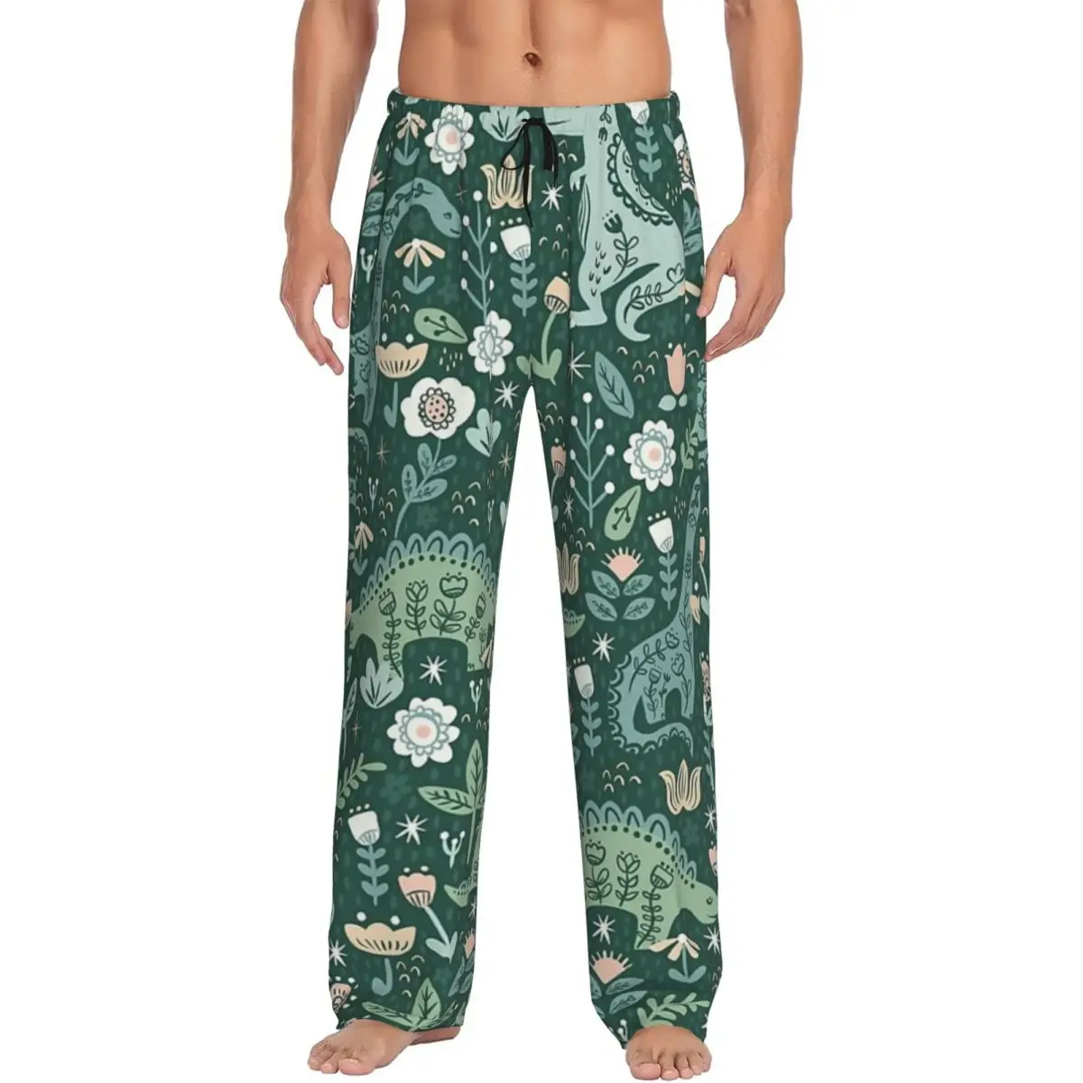 Custom Folk Floral Dinosaur Pajama Pants Men Sleepwear Sleep Lounge Bottoms with Pockets