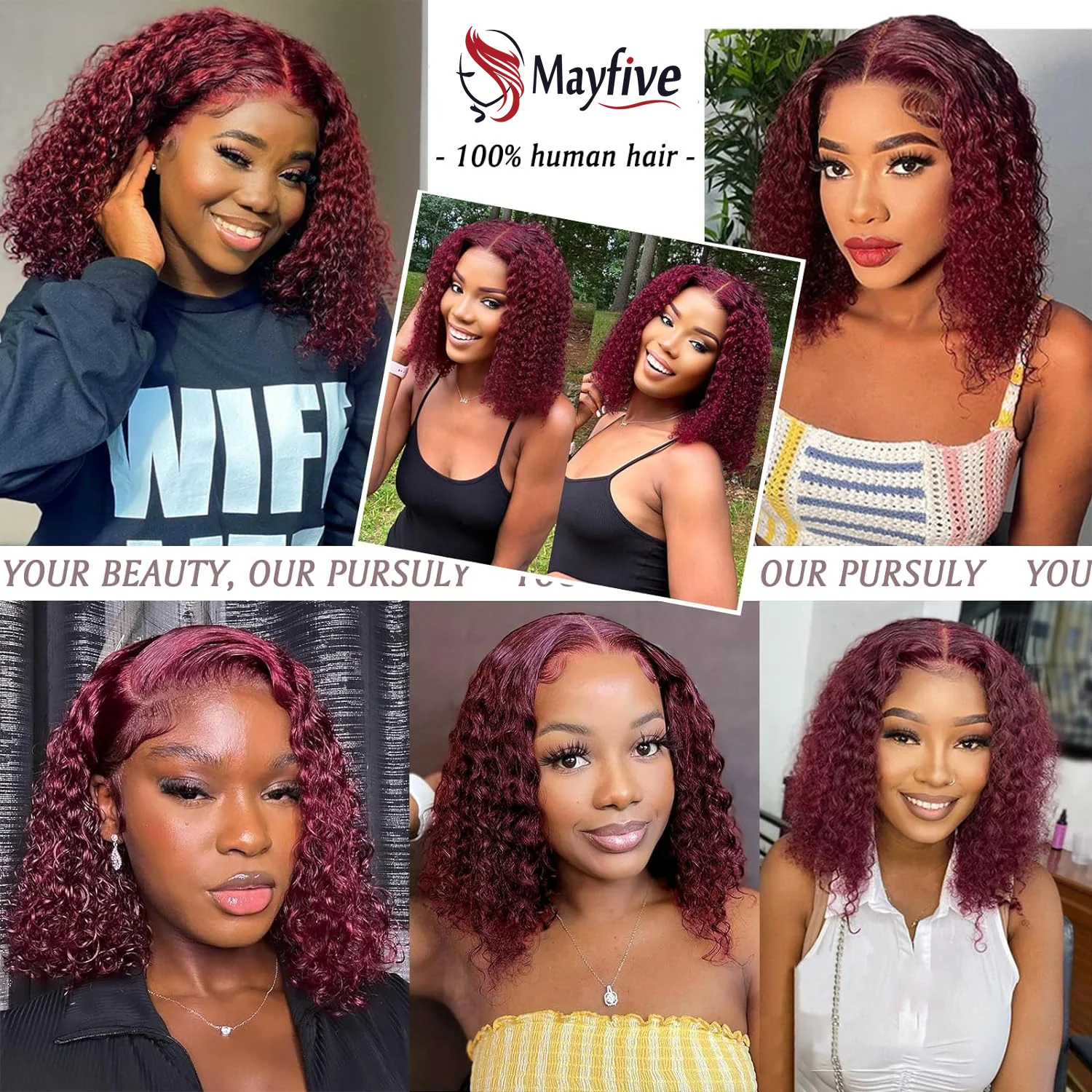 Perruque Bob Lace Front Wig 100% naturelle brésilienne, cheveux courts bouclés, bordeaux 99J, 13x4, 16 pouces, densité 180