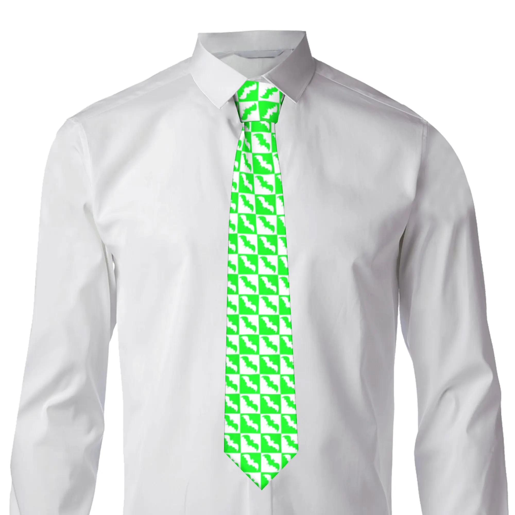 Fashion Bats Checkerboard White And Neon Green Neck Ties for Office Men  Cute Animal  Necktie