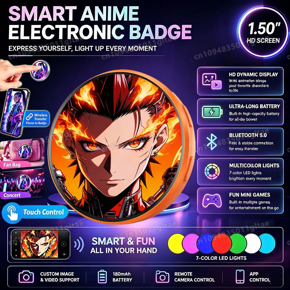 1.85 inch Anime E-Badge Dynamic Electronic Badge Anime Merchandise Digital Display Badge Dynamic Gifts For Otaku Fans Friends