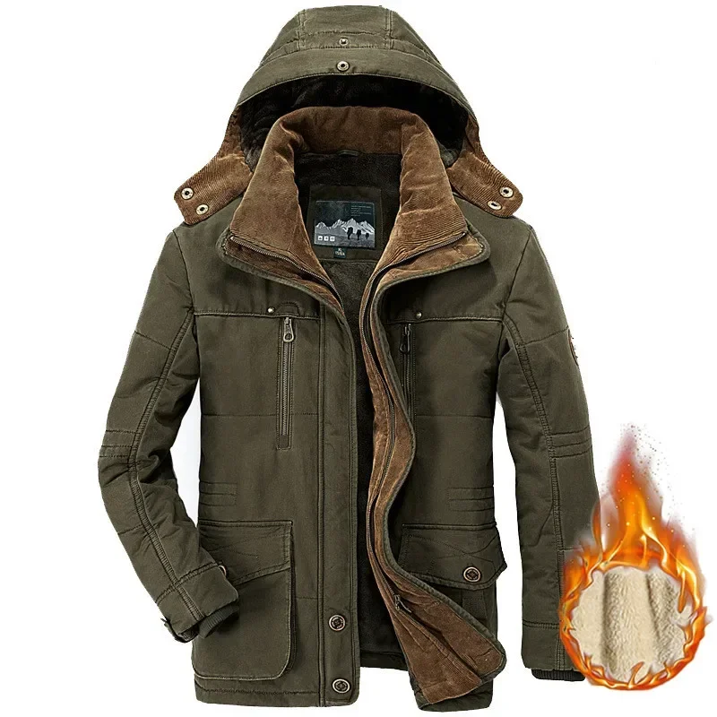 Men\'s Winter Jacket Parka Plus Velvet Thick Multi Pocket Jackets Solid Parkas Male Plus Size Windproof Fleece Warm Thick Coats