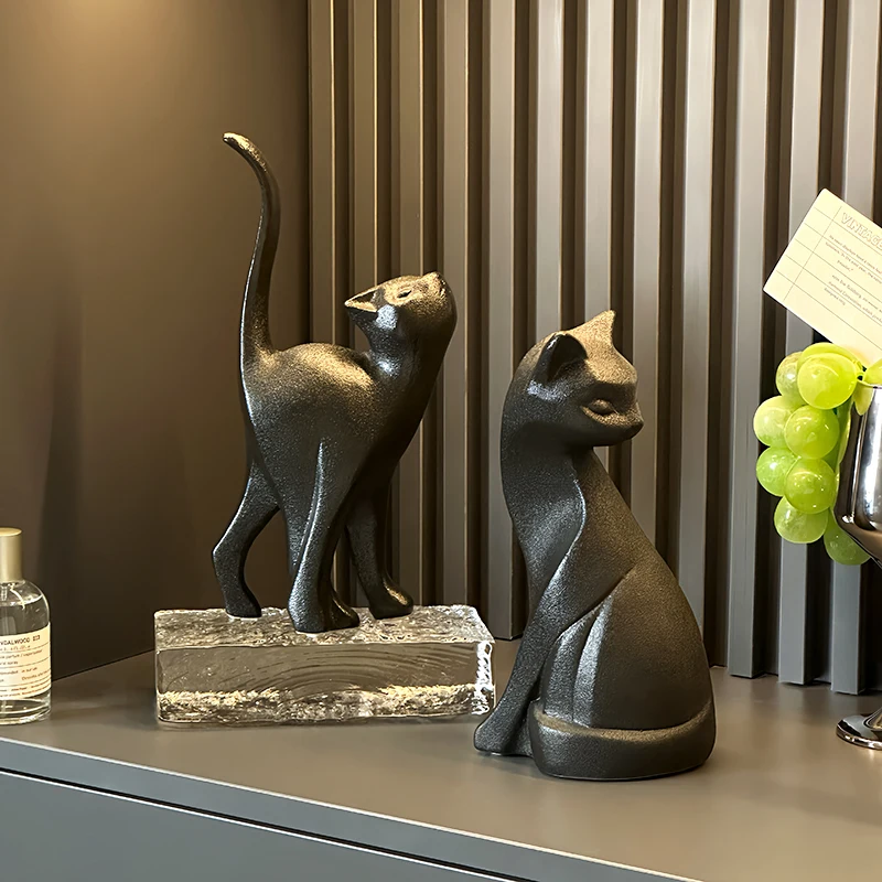 Art Posture Cat Figurine Desk Decoration Retro Home Decor TV Cabinet Wine Cabinet Entrance Ornaments Ceramic Animal Statue Black