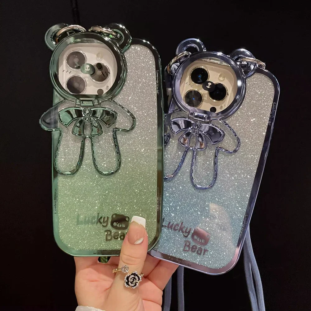 Cute Glitter Bear Crossbody Case For iPhone 14 13 12 11 16 Pro Max 15 Plus Lanyard Bracket Gradient Necklace Stand Soft Cover