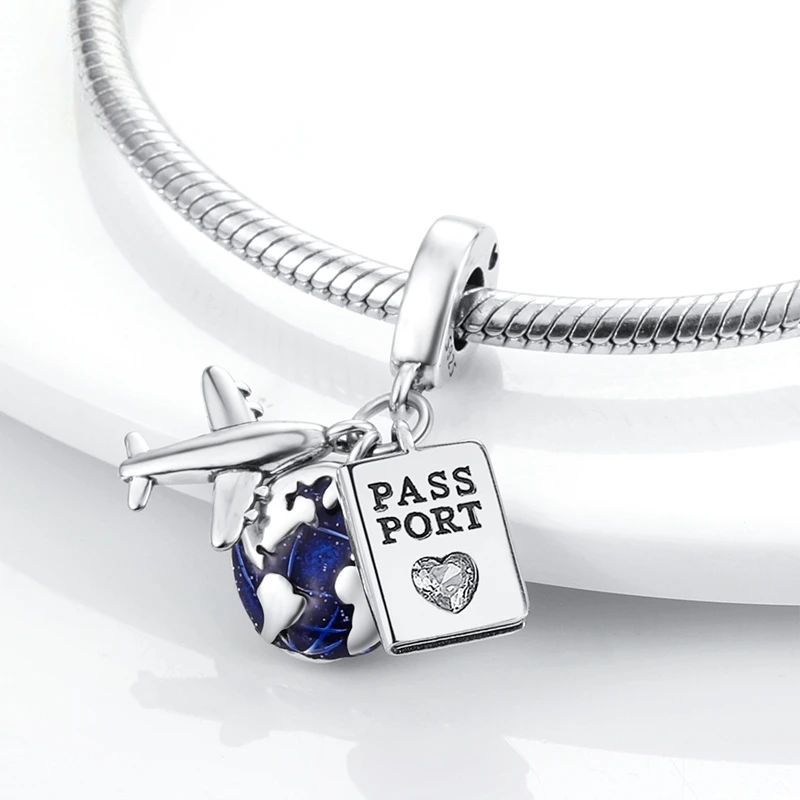 Original 925 Sterling Silver Charms Earth Passport Airplane Globe Compass Pendant Earrings Bracelet For Women Jewelry Set Gift