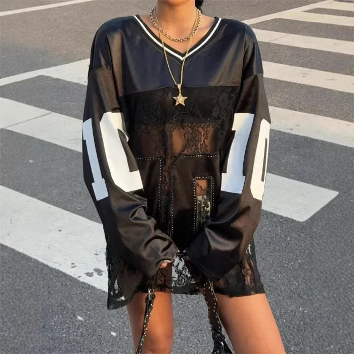 

Elegant Tops for Women New 2025 Summer Y2K Fashion Casual Sports Shirt No. Jersey V-Neck Loose Long Sleeved T-Shirt Streetwear