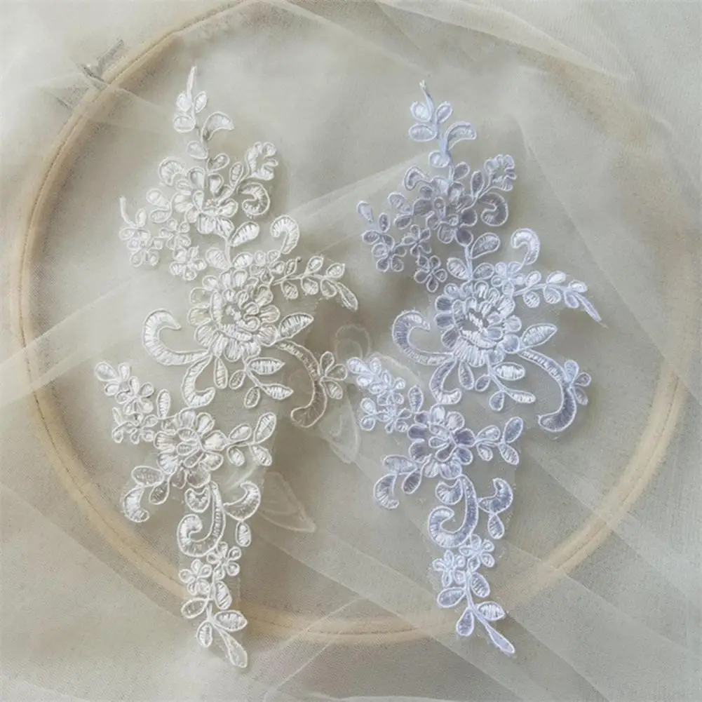 2Pcs 23*10cm Embroidery Lace Applique Sewing Flower Fabric Collar Patch Motif Wedding Gown Dress Bridal DIY Crafts For Tailor