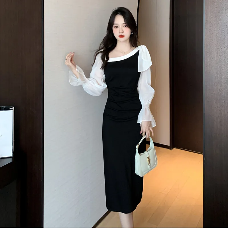 Autumn Vintage Party Black Dresses Women Korean Elegant Chic Diagonal Collar Office Lady Long Sleeve Patchwork Bow Midi Dress