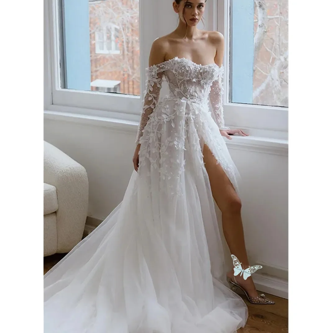 

Lakshmigown Off-Shoulder Beach Wedding Dress Lace Appliques A-Line Tulle Bridal Gown Robe De Mariee Classic Style Wedding Gown