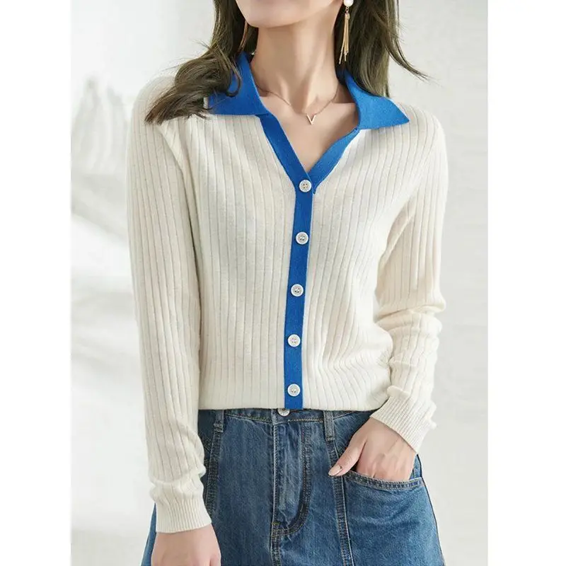 

Women Fashion All-match Polo Collar Cardigan Autumn Casual Loose Vertical Grain Tops Office Lady Elegant Chic Knitted Clothing